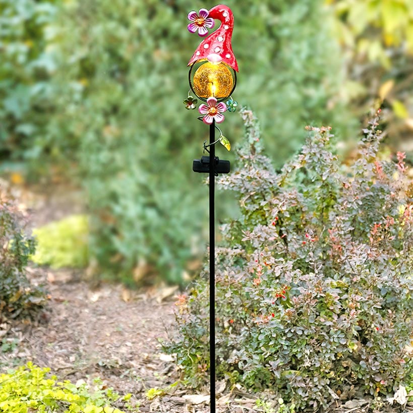 Solar LED Gnome Garden Stake Red with Flower or Blue with Butterfly#select-color_red