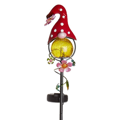Solar LED Gnome Garden Stake Red with Flower or Blue with Butterfly