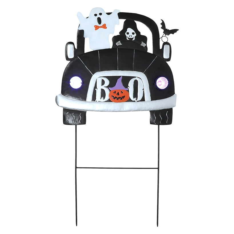 Lighted Halloween Truck Stake With Ghost And Grim Reaper Headlights