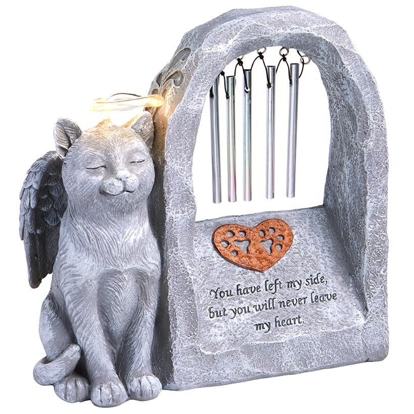 Pet Memorial Statue Solar with Chimes and Lighted Halo Dog or Cat