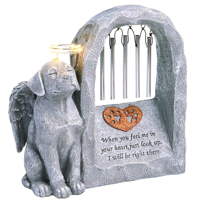 Pet Memorial Statue Solar with Chimes and Lighted Halo Dog or Cat