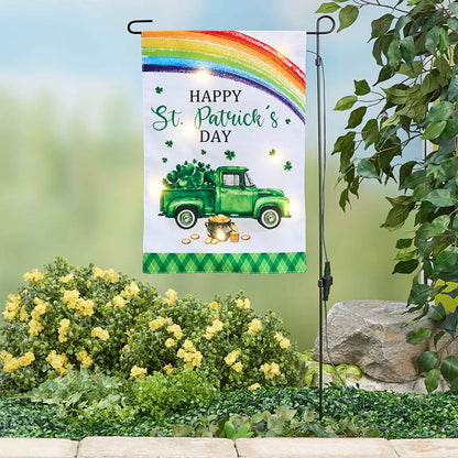 St Patricks Garden Solar Flag And Pole With Green Truck And Rainbow