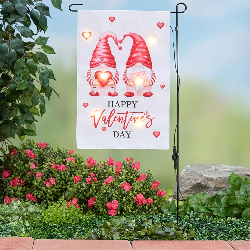 Valentine's Gnome Flag with Hearts and Pole Stake Solar LED