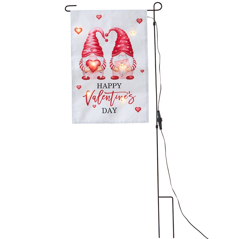 Valentine's Gnome Flag with Hearts and Pole Stake Solar LED