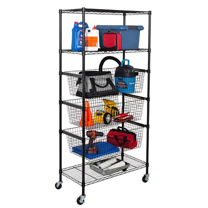 Adjustable Rolling Garage Shelving Unit with 3 Pull-Out Baskets Black