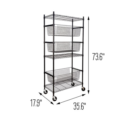 Adjustable Rolling Garage Shelving Unit with 3 Pull-Out Baskets Black