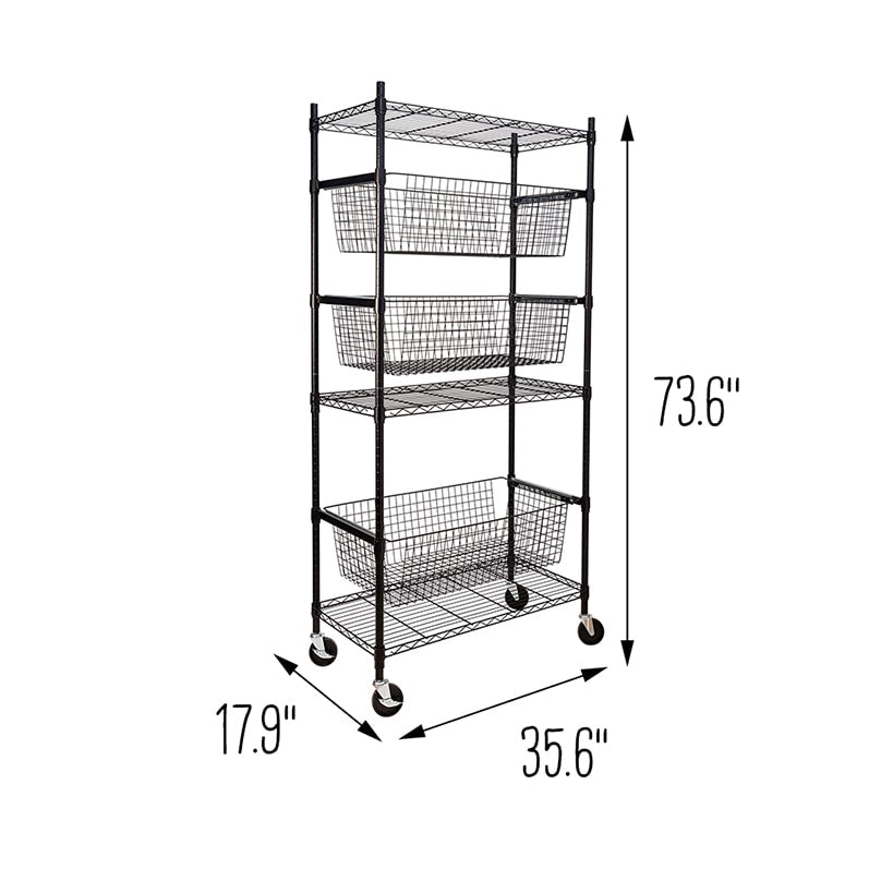 Adjustable Rolling Garage Shelving Unit with 3 Pull-Out Baskets Black