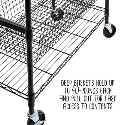 Adjustable Rolling Garage Shelving Unit with 3 Pull-Out Baskets Black