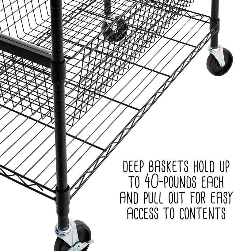 Adjustable Rolling Garage Shelving Unit with 3 Pull-Out Baskets Black