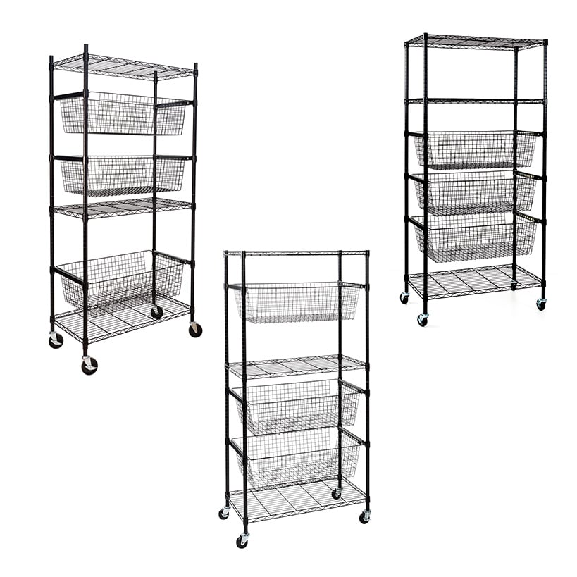 Adjustable Rolling Garage Shelving Unit with 3 Pull-Out Baskets Black