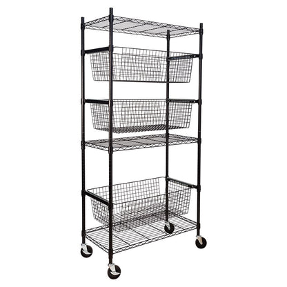 Adjustable Rolling Garage Shelving Unit with 3 Pull-Out Baskets Black