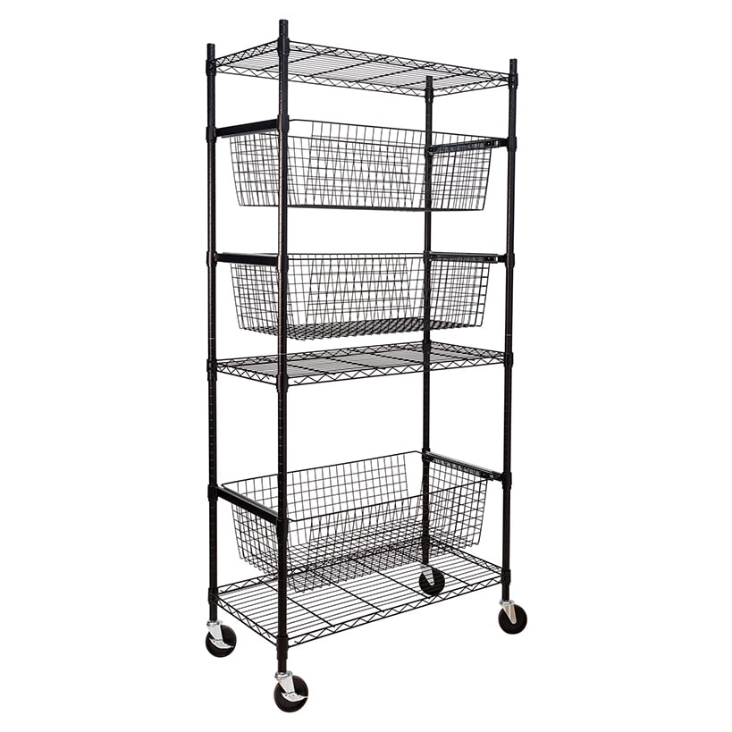Adjustable Rolling Garage Shelving Unit with 3 Pull-Out Baskets Black
