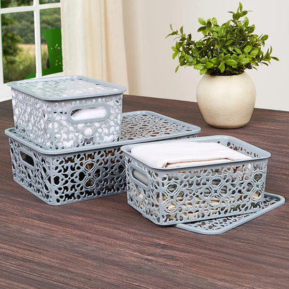 Plastic Woven Household Storage Baskets - Set of 3