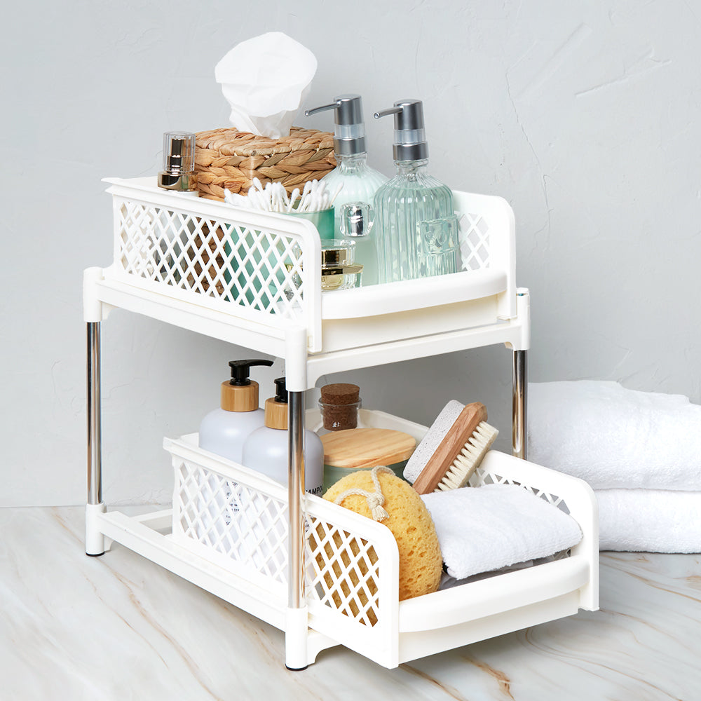 Sliding Storage Drawers Pull Out Plastic Cabinet Organizer 2 Tier