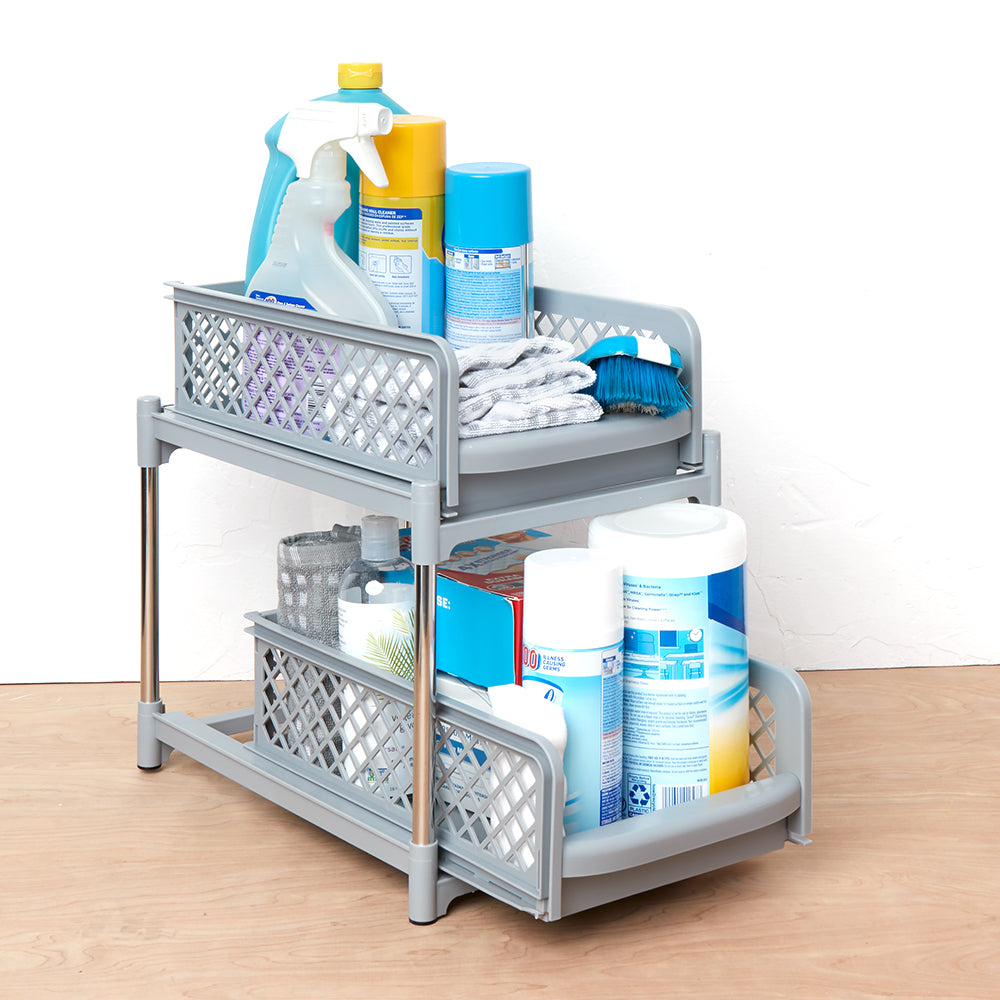 Sliding Storage Drawers Pull Out Plastic Cabinet Organizer 2 Tier