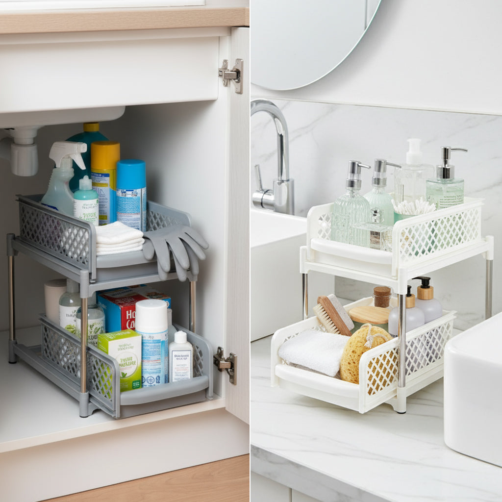 Sliding Storage Drawers Pull Out Plastic Cabinet Organizer 2 Tier