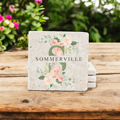 Personalized Set of 4 Spring Roses Travertine Coasters