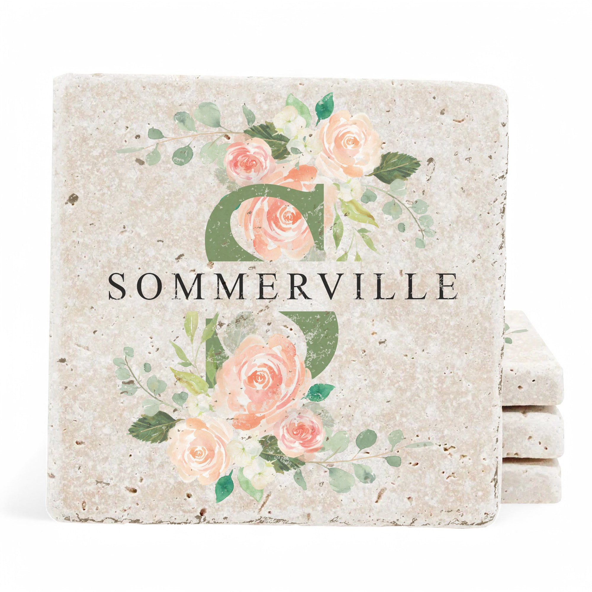 Personalized Set of 4 Spring Roses Travertine Coasters