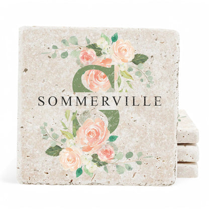 Personalized Set of 4 Spring Roses Travertine Coasters