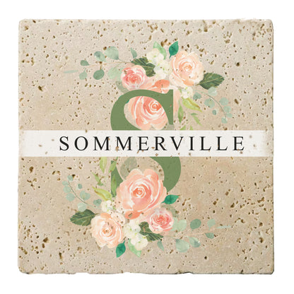 Personalized Set of 4 Spring Roses Travertine Coasters