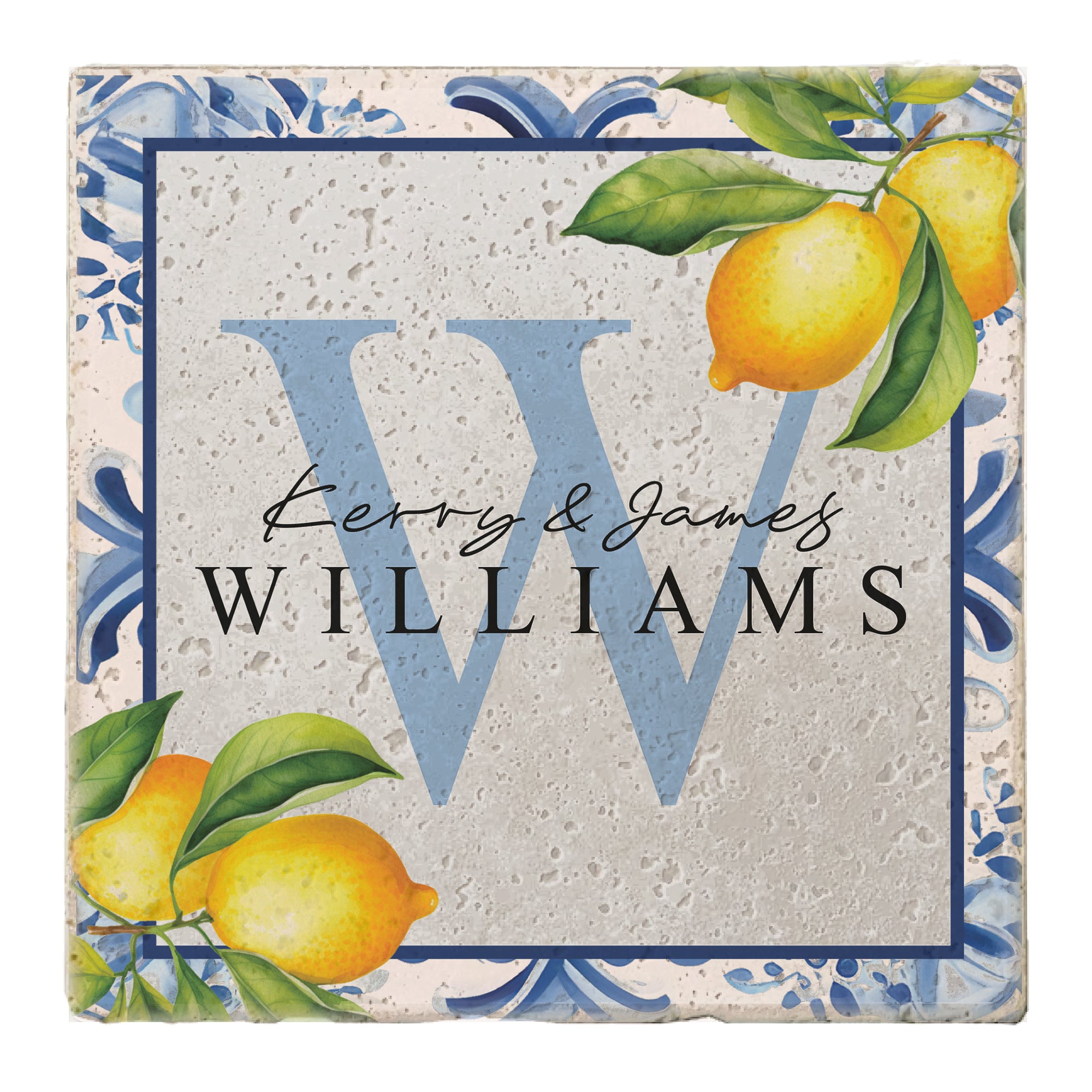 Personalized Set of 4 Blue Lemon Floral Travertine Coasters