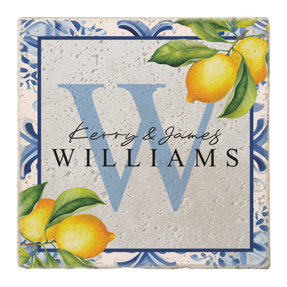 Personalized Set of 4 Blue Lemon Floral Travertine Coasters
