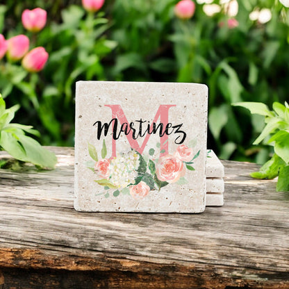 Personalized Set of 4 Peonies Floral Travertine Coasters