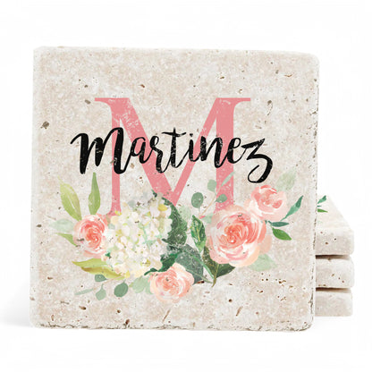 Personalized Set of 4 Peonies Floral Travertine Coasters