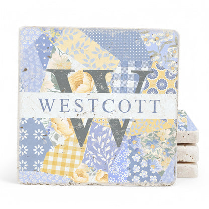 Personalized Set of 4 Patchwork Floral Travertine Coasters
