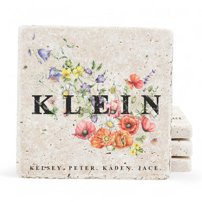 Personalized Set of 4 Wildflower Travertine Coasters