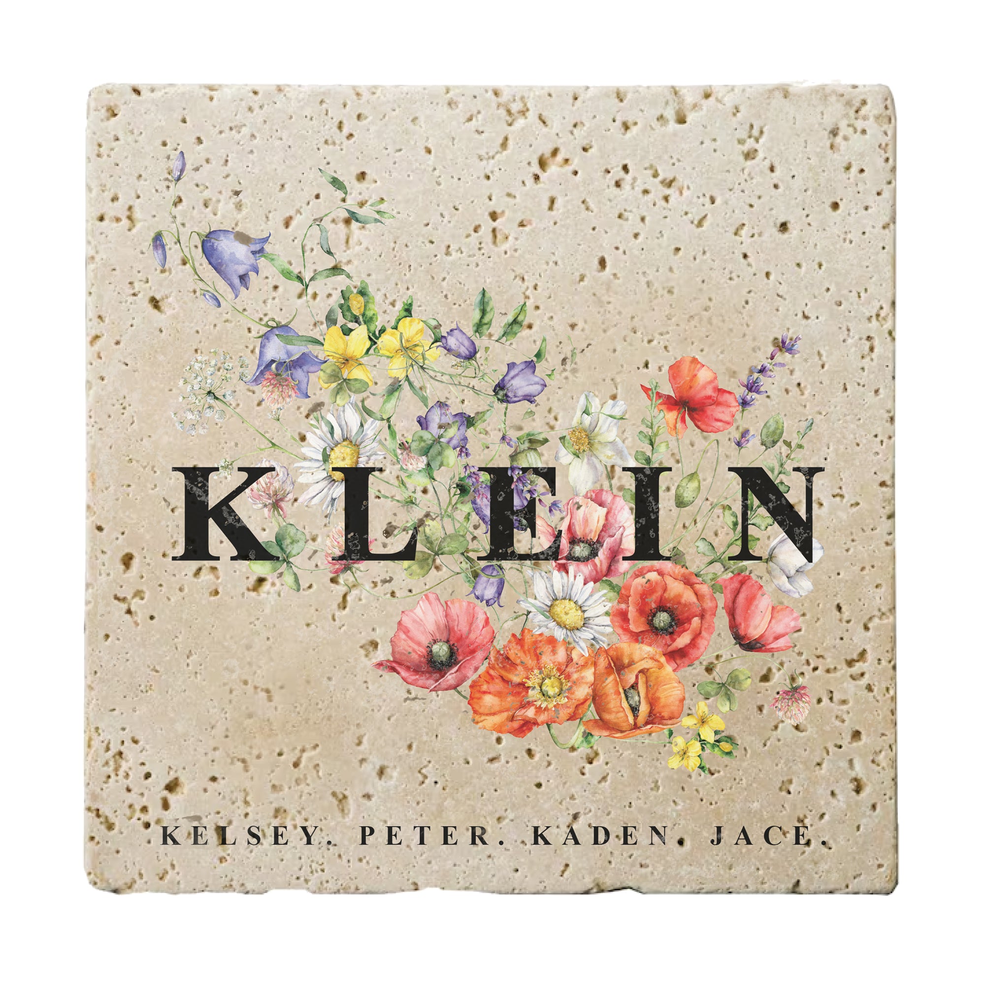 Personalized Set of 4 Wildflower Travertine Coasters