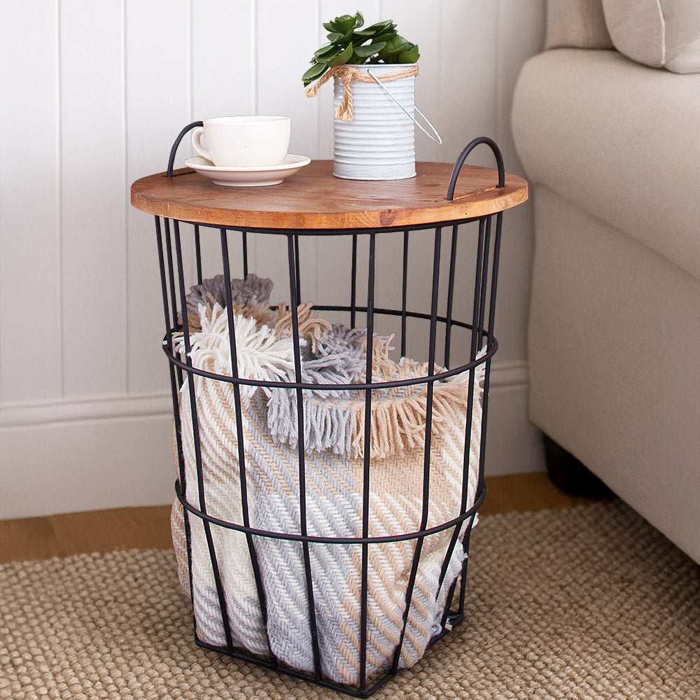 Wood Top Storage Basket Side Table