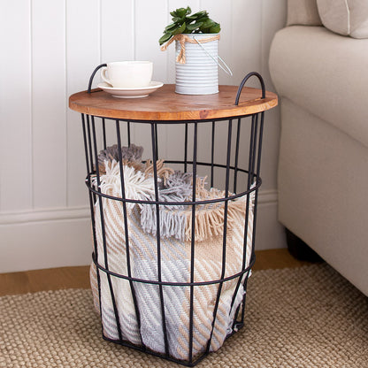 Wood Top Storage Basket Side Table