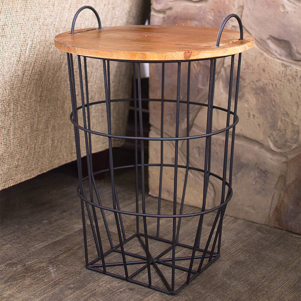 Wood Top Storage Basket Side Table