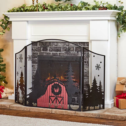 Red Barn Christmas Fireplace Screen
