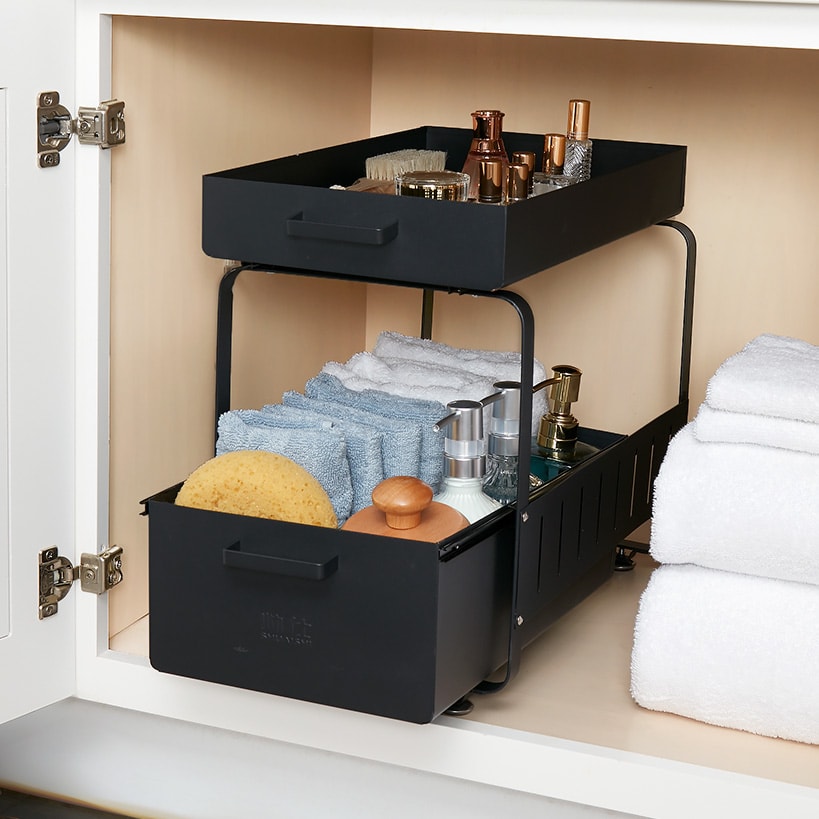 Under Sink Organizer Sliding Rack in Black - 2-Tier