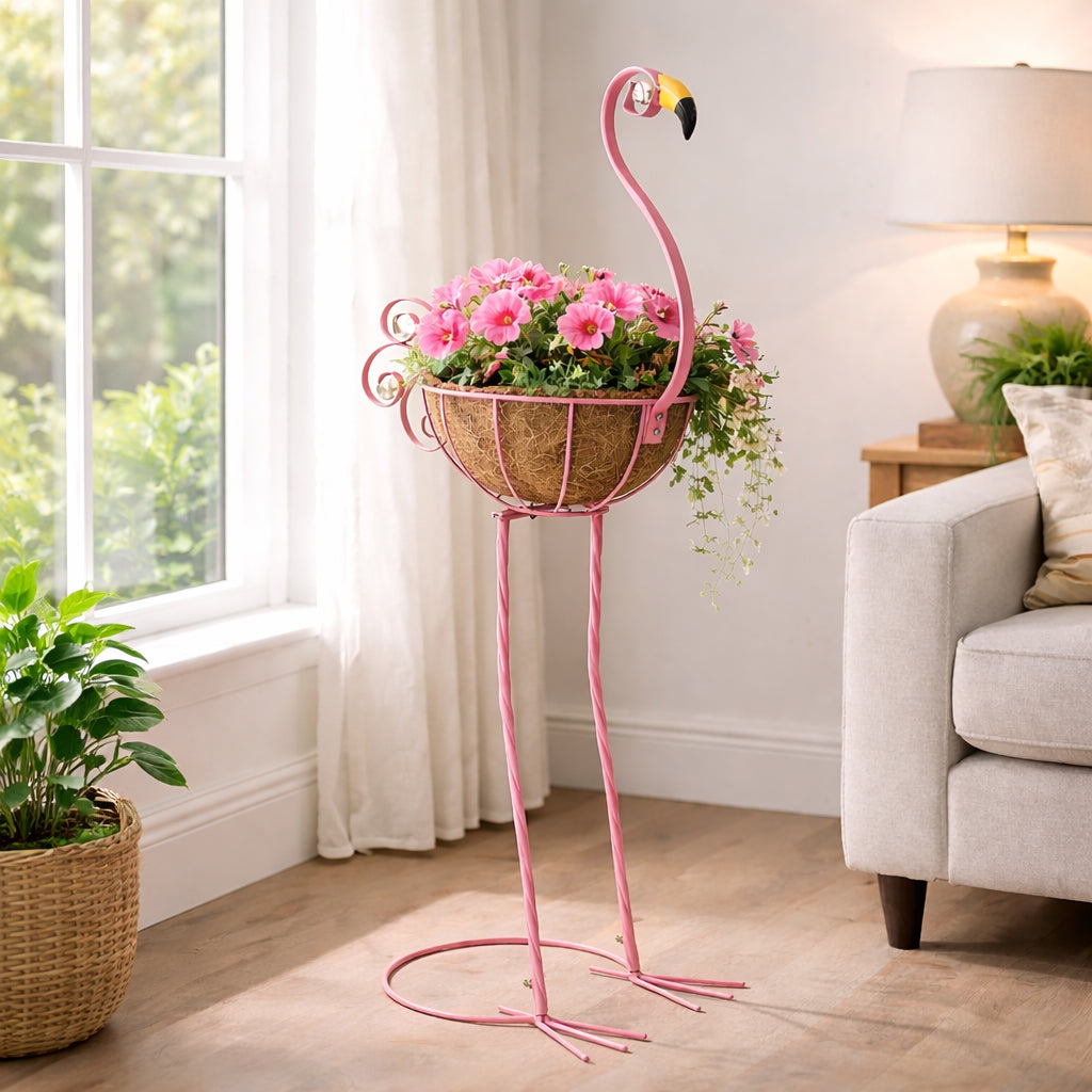 Tropical Flamingo Metal Planter Stand with Basket