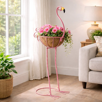 Tropical Flamingo Metal Planter Stand with Basket