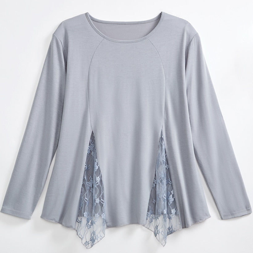 Women's Long Sleeve Tunic Top with Lace Inset#select-color_gray