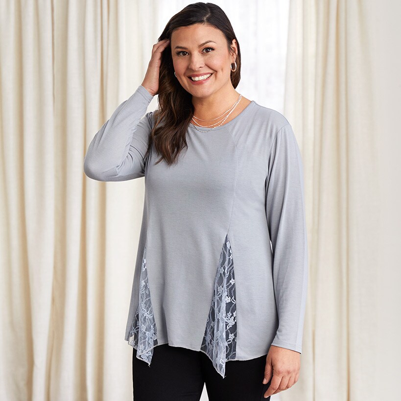 Women's Long Sleeve Tunic Top with Lace Inset#select-color_gray