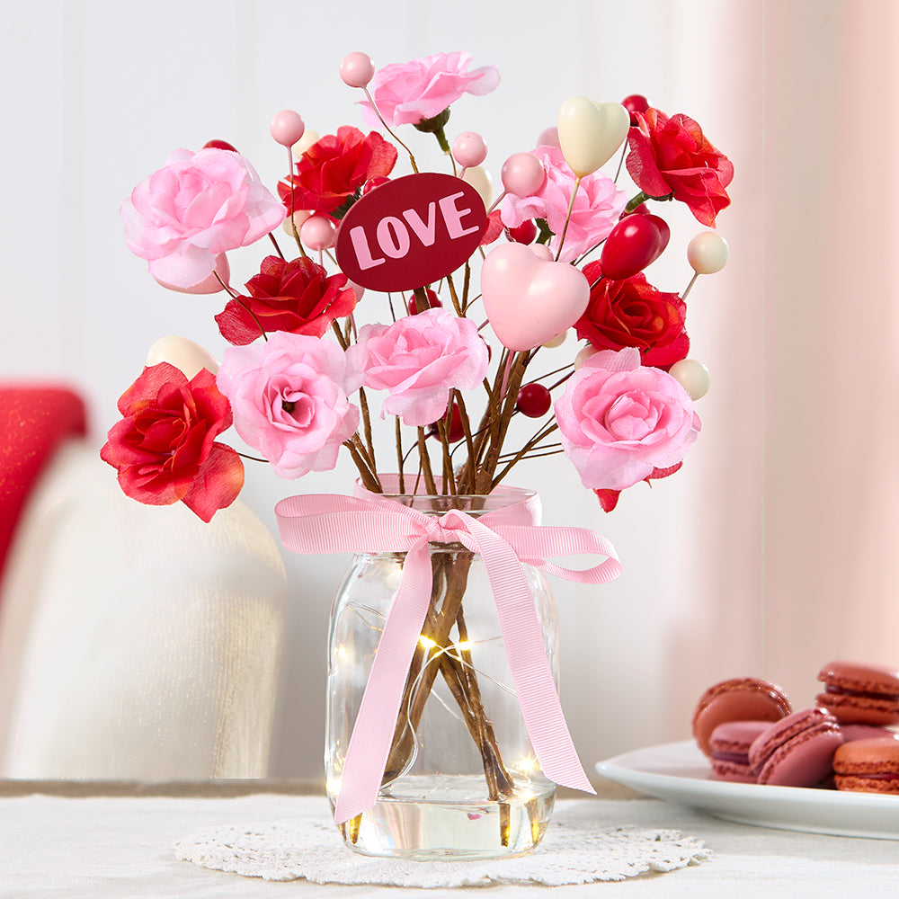 Valentine's Fairy Light Vase With Heart and Flower Bouquet