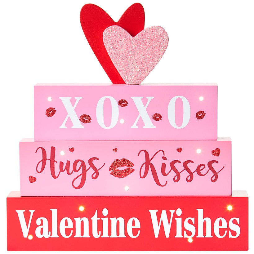 Valentine's Lighted Stacked Pink And Red Block Sign With Message