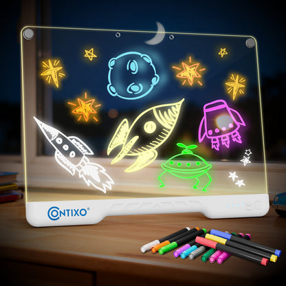 Contixo WB1 16” LED Drawing Board for Kids - Rechargeable Glow Doodle Board With 10 Light Modes & 9 Brightness Levels, Neon Dry Erase Light-Up Acrylic Drawing Board With 12 Glow Pens, Portable Screen-Free Drawing Board