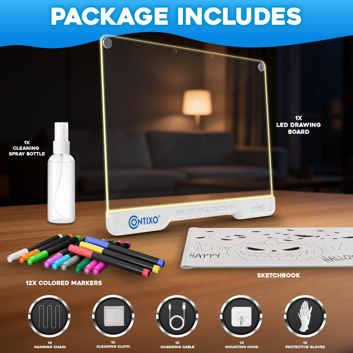Contixo WB1 16” LED Drawing Board for Kids - Rechargeable Glow Doodle Board With 10 Light Modes & 9 Brightness Levels, Neon Dry Erase Light-Up Acrylic Drawing Board With 12 Glow Pens, Portable Screen-Free Drawing Board