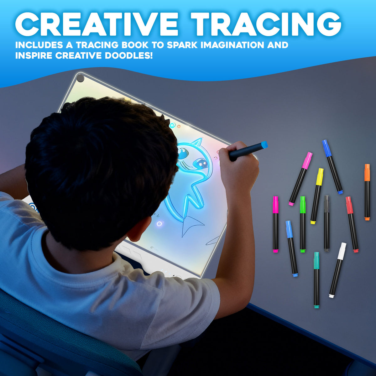 Contixo WB1 16” LED Drawing Board for Kids - Rechargeable Glow Doodle Board With 10 Light Modes & 9 Brightness Levels, Neon Dry Erase Light-Up Acrylic Drawing Board With 12 Glow Pens, Portable Screen-Free Drawing Board