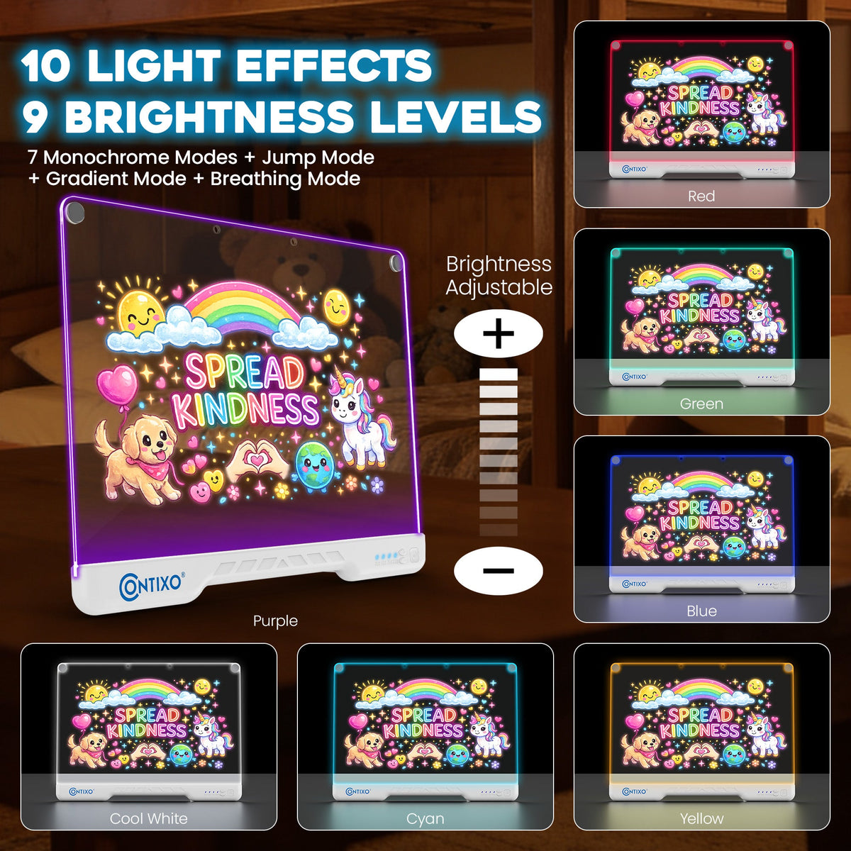 Contixo WB1 16” LED Drawing Board for Kids - Rechargeable Glow Doodle Board With 10 Light Modes & 9 Brightness Levels, Neon Dry Erase Light-Up Acrylic Drawing Board With 12 Glow Pens, Portable Screen-Free Drawing Board