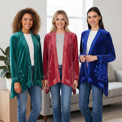 Women's Embroidered Velvet Open Front Cardigan