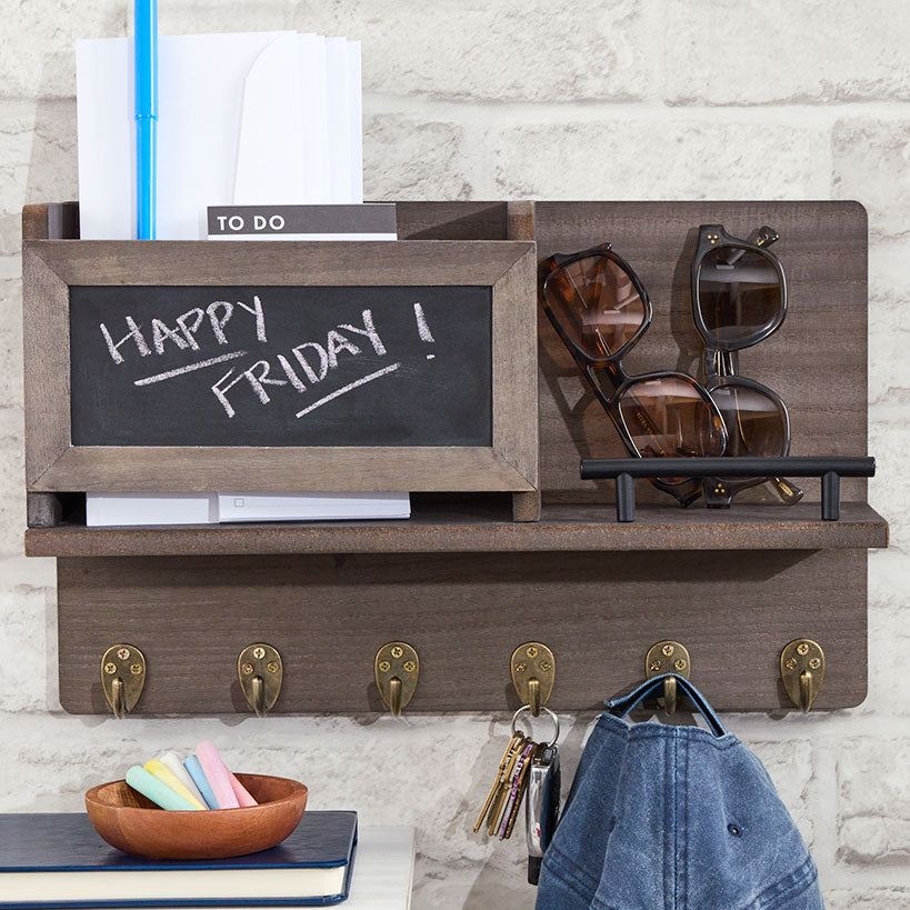 Wall Mounted Entryway Organizer Shelf with Chalkboard and Mail Bin