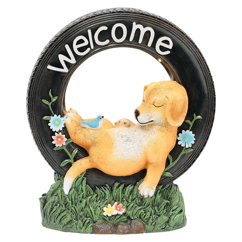 Solar Welcome Dog Statue Garden Decor