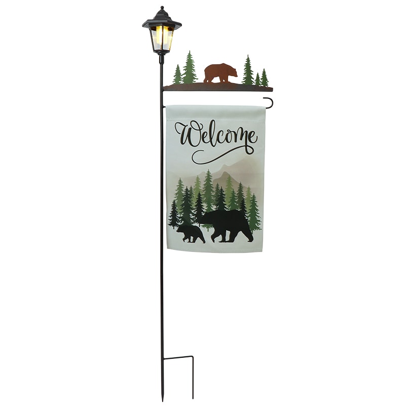 Welcome Flag Lodge Themed With Pole And Lighted Lantern Bear Or Deer